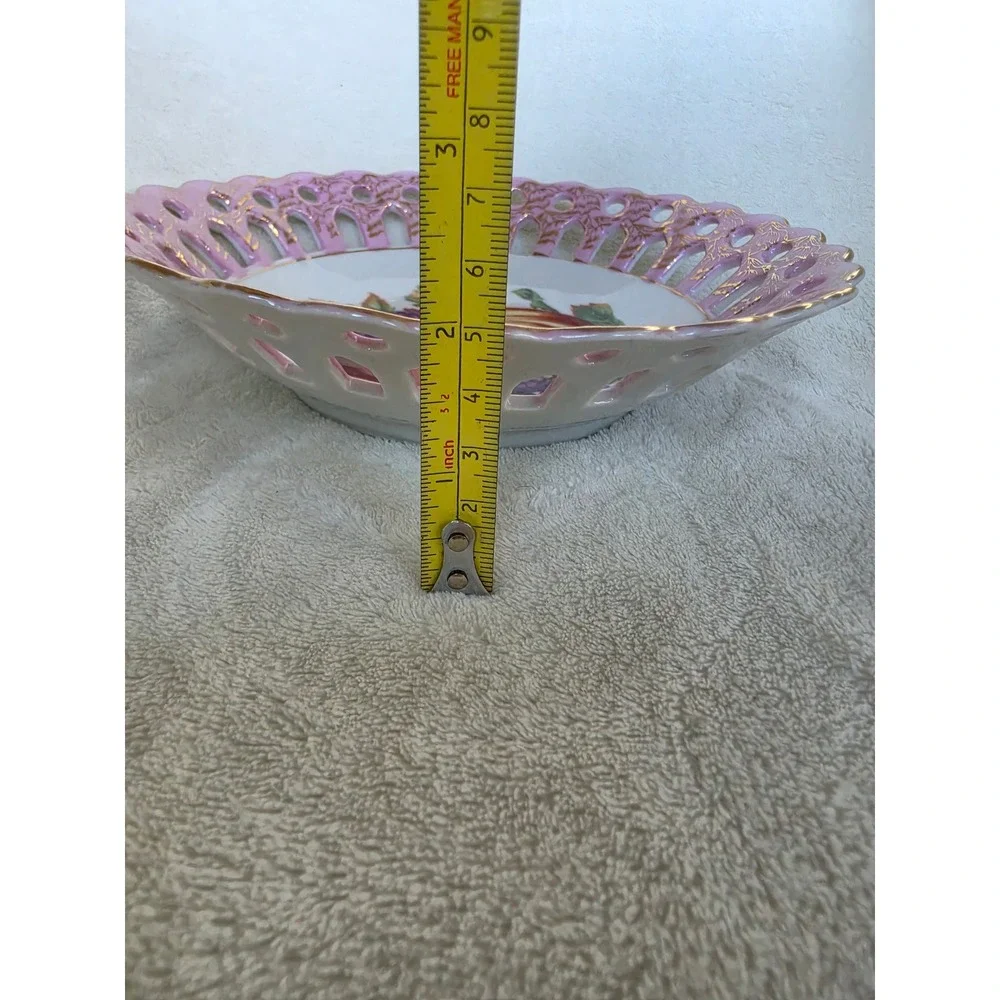 Vintage Betson Hand Painted Fruit Porcelain Bowl Pink Reticulated Gold Trim 8in